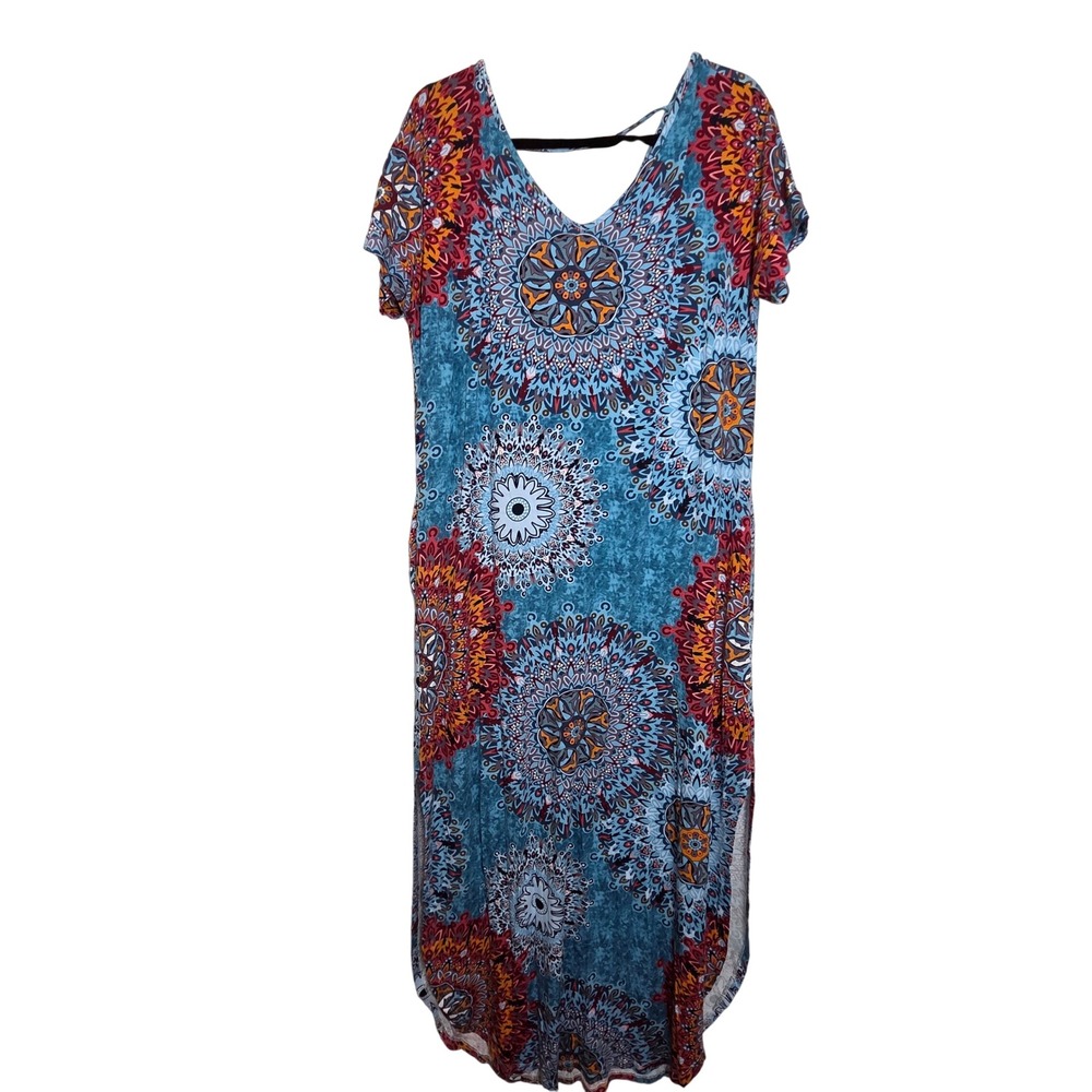 Bohemian Mandala Blue Maxi Dress‎ Cap Sleeve Womens size XL